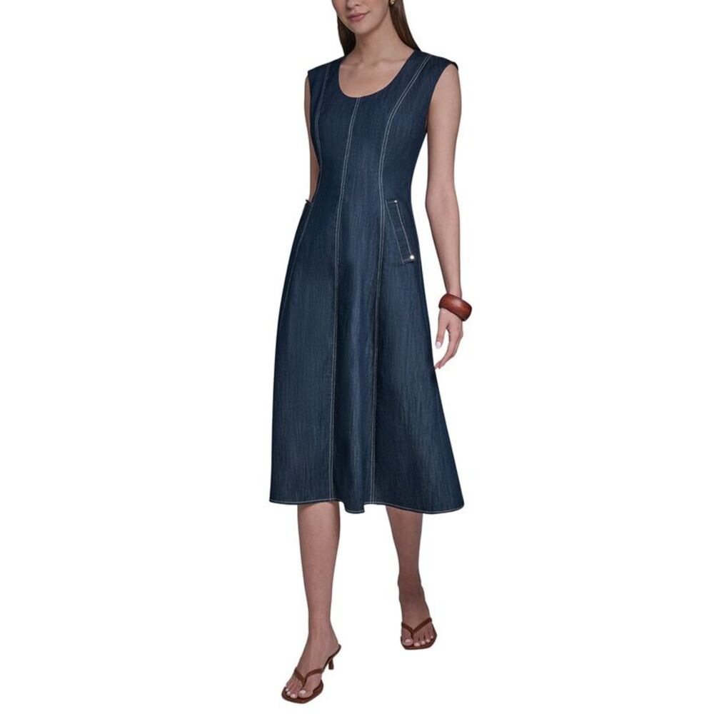 Halston Womens Denim Scoop Neck Sleeveless Midi Dress